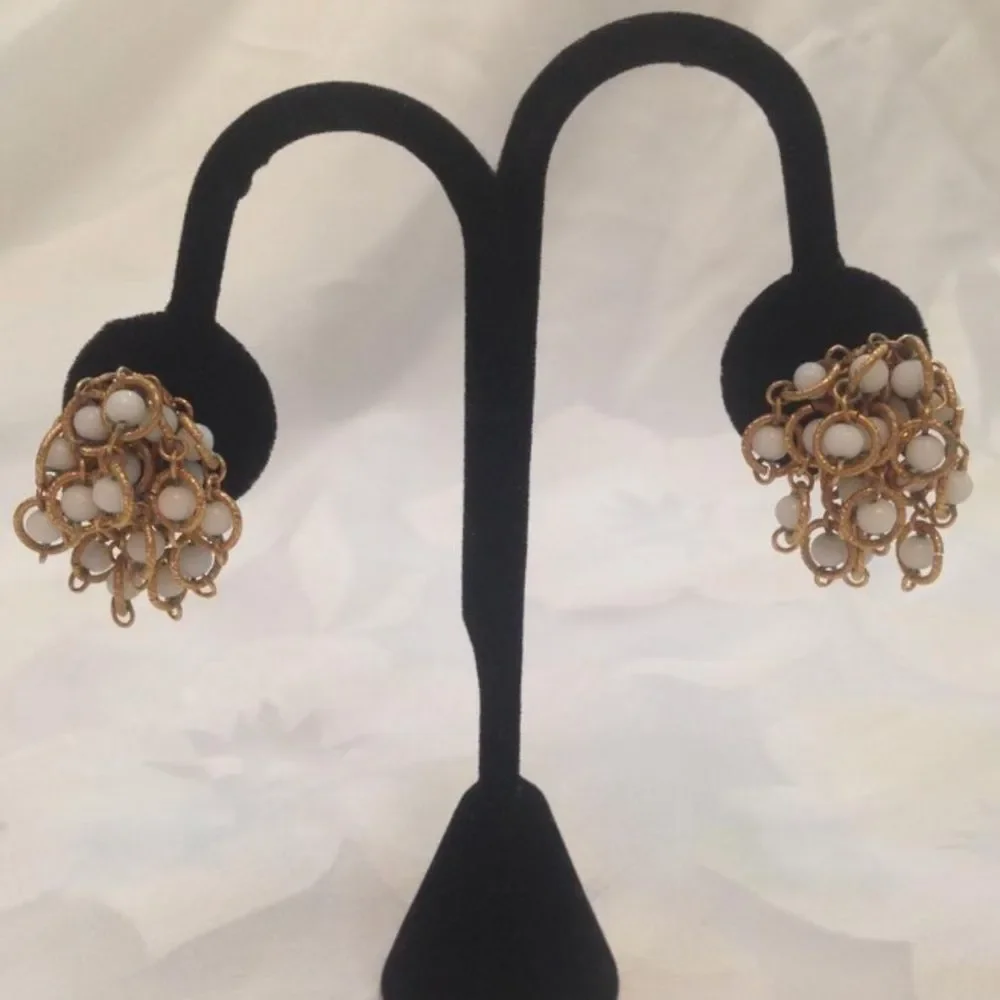 Vintage Gold And White Bead Cluster Earrings